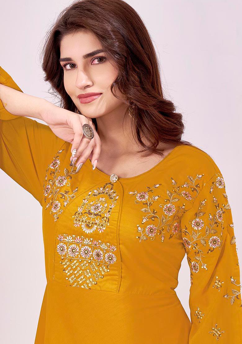 Yellow Embroidered Muslin Gown - Indya