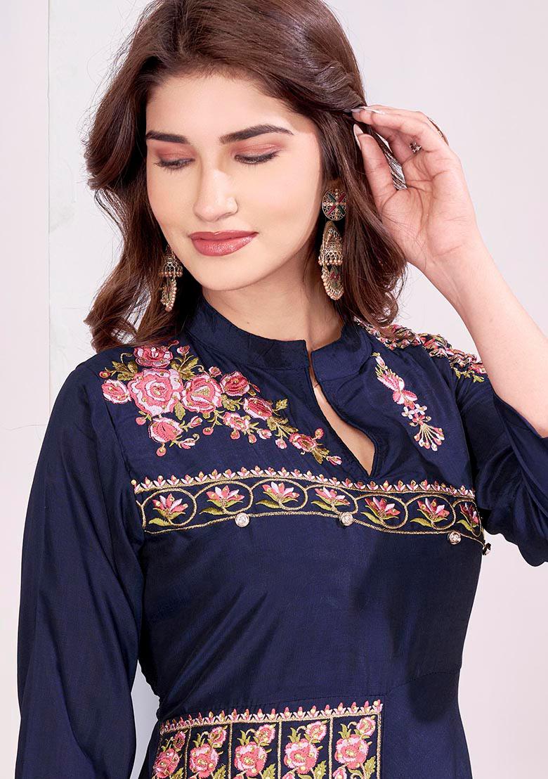 Blue Embroidered Muslin Gown - Indya