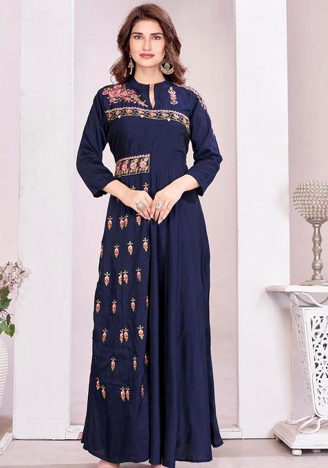 Blue Embroidered Muslin Gown