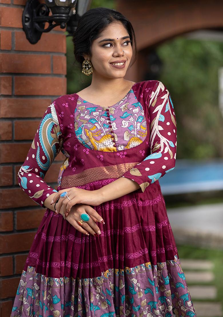 Wine Printed Silk Gown - Indya