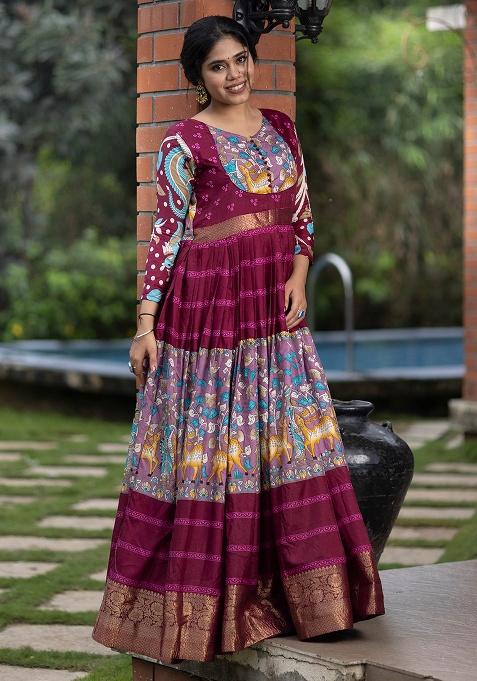 Wine Printed Silk Gown