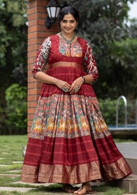 Maroon Printed Silk Gown