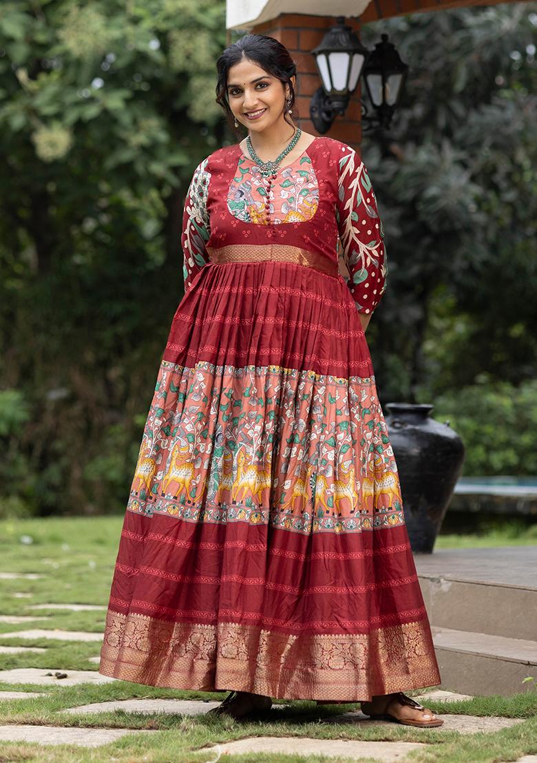 Maroon Printed Silk Gown - Indya