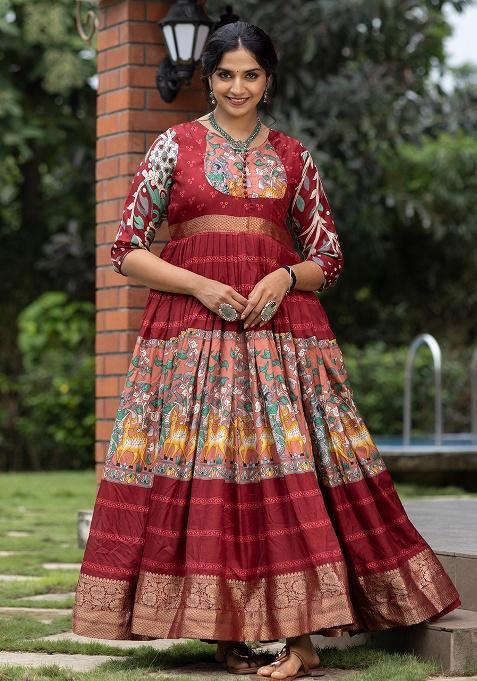 Maroon Printed Silk Gown