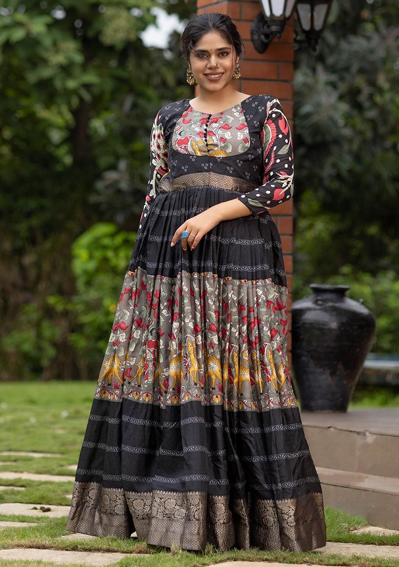 Black Printed Silk Gown - Indya
