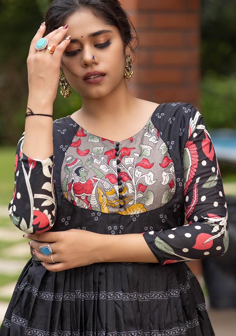 Black Printed Silk Gown - Indya