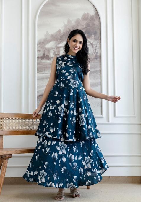 Teal Printed Polyester Dress