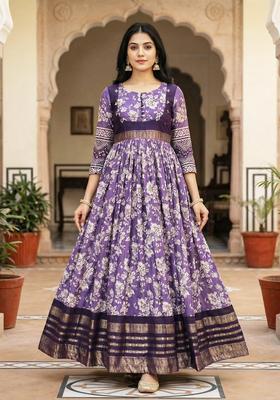 Purple Printed Silk Gown