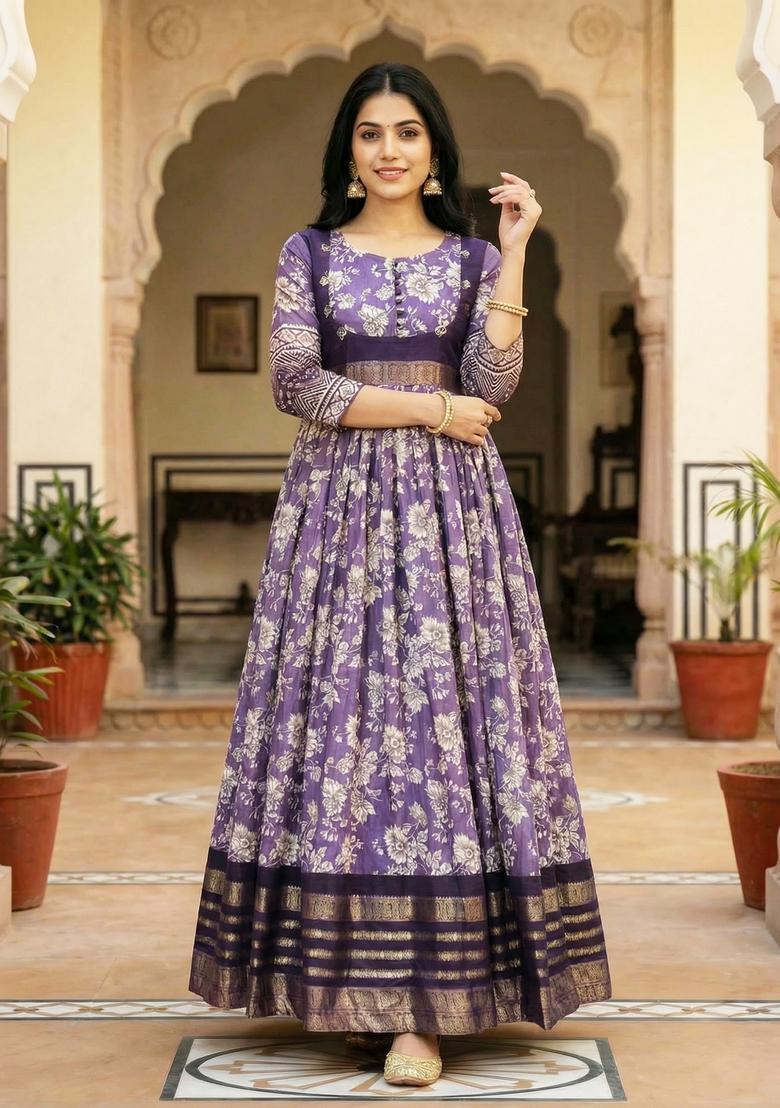 Purple Printed Silk Gown - Indya