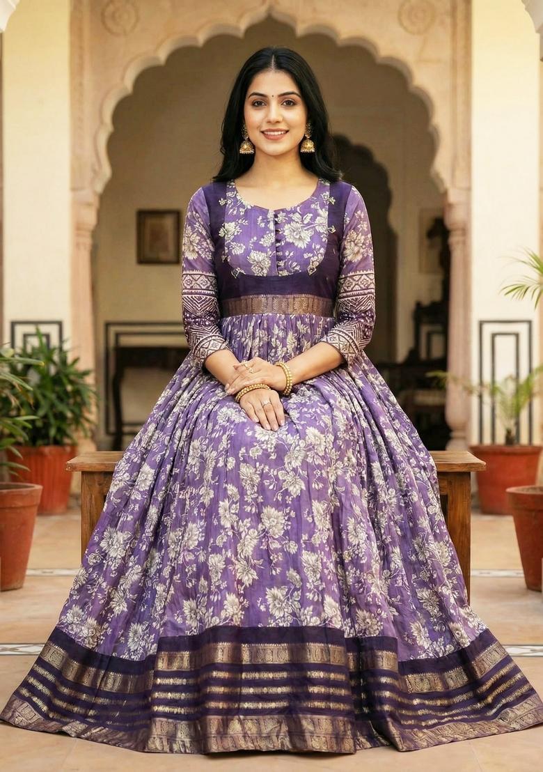 Purple Printed Silk Gown - Indya