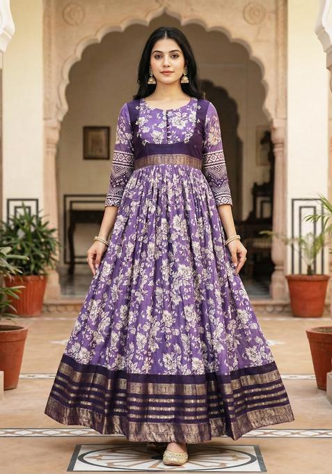 Purple Printed Silk Gown