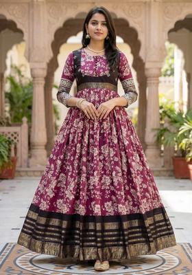 Wine Printed Silk Gown