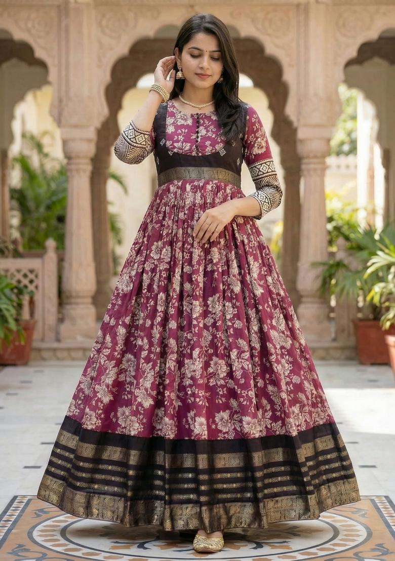 Wine Printed Silk Gown - Indya