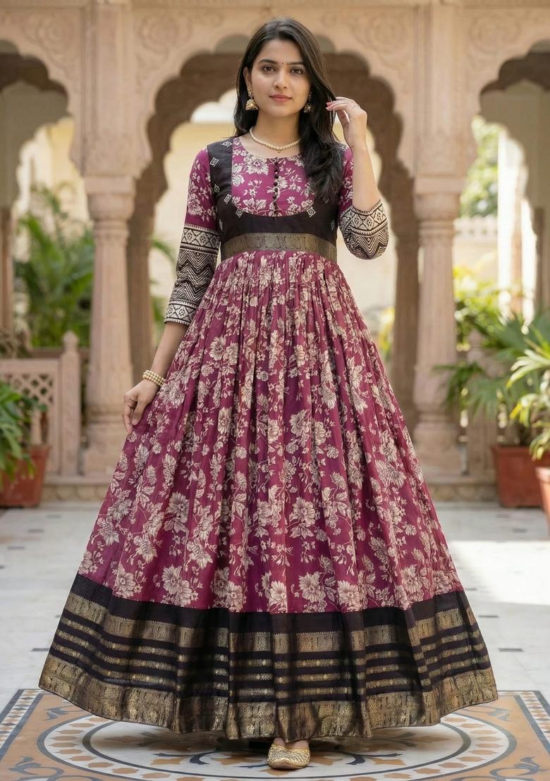 Wine Printed Silk Gown - Indya