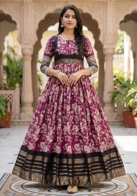 Wine Printed Silk Gown