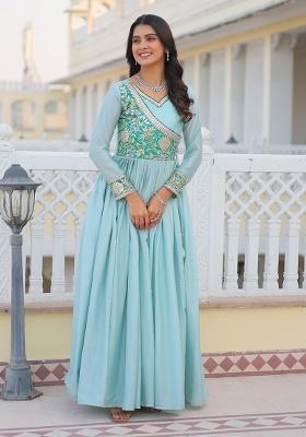 Sky Blue Thread Work Silk Gown