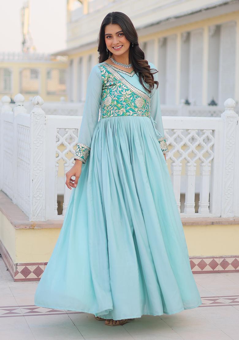 Sky Blue Thread Work Silk Gown - Indya