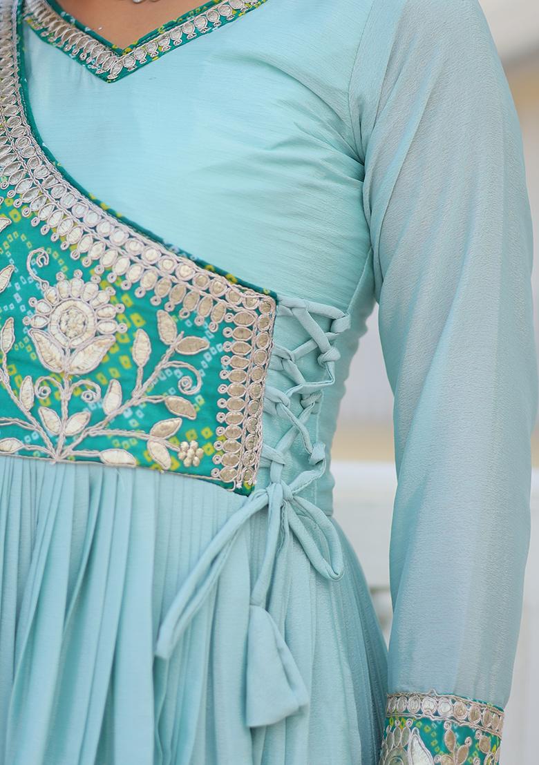 Sky Blue Thread Work Silk Gown - Indya