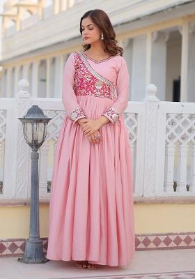 Pink Thread Work Silk Gown