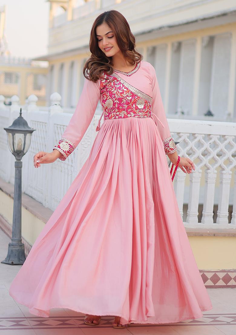 Pink Thread Work Silk Gown - Indya