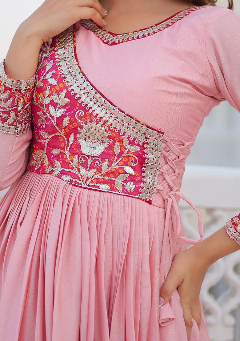 Pink Thread Work Silk Gown - Indya