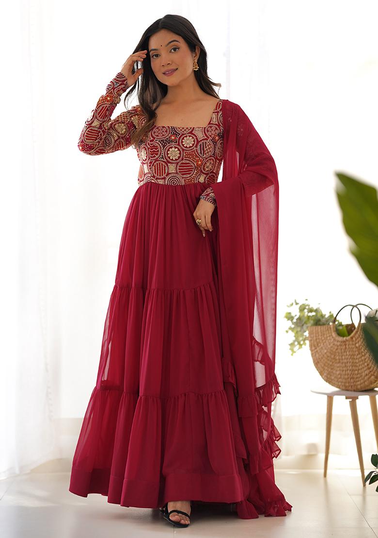 Maroon Thread Work Georgette Anarkali Set - Indya