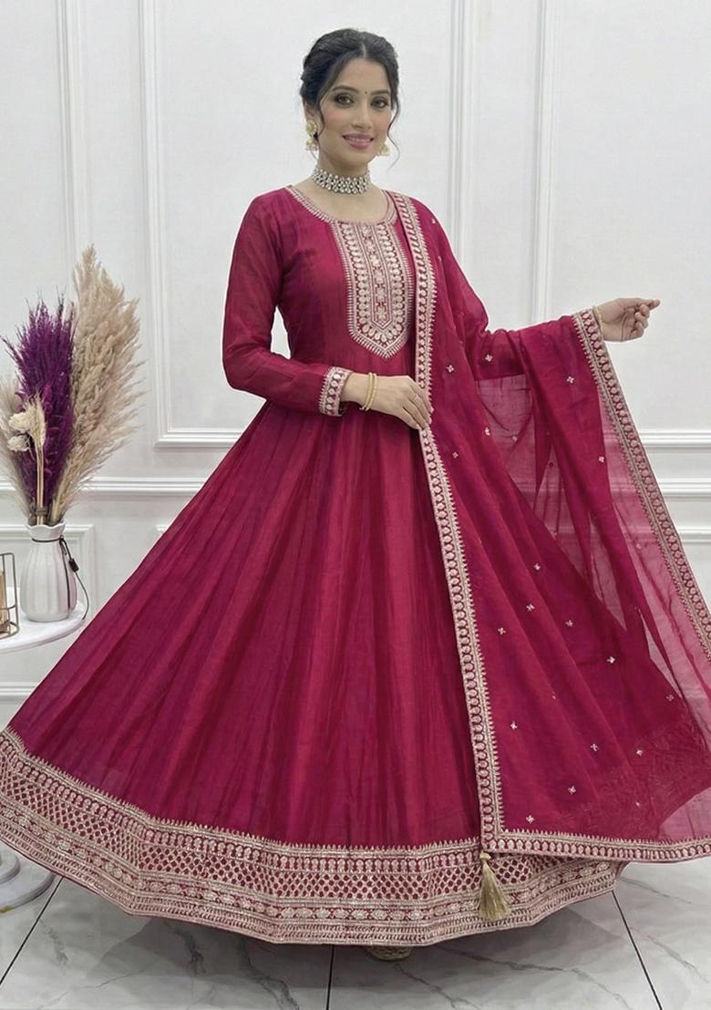 Maroon Thread Work Silk Anarkali With Dupatta - Indya