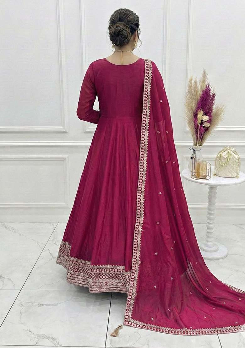 Maroon Embroidered Silk Blend Anarkali With Dupatta - Indya