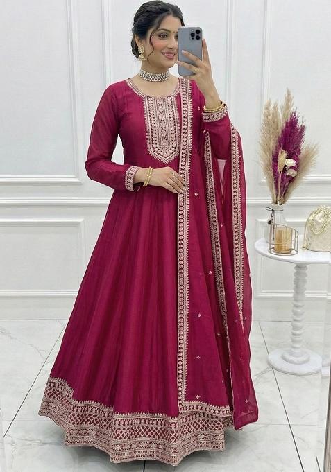 Maroon Thread Work Silk Anarkali With Dupatta