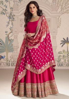 Rani Pink Embroidery Vichitra Gown With Dupatta