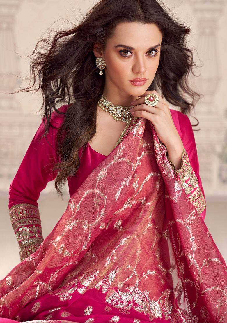 Rani Pink Embroidery Vichitra Gown With Dupatta - Indya