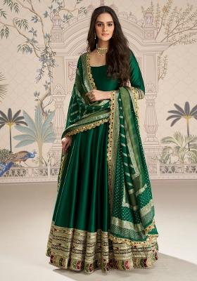 Green Embroidery Vichitra Gown With Dupatta
