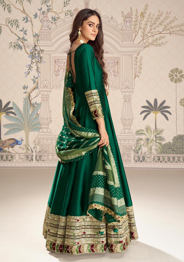 Green Embroidery Vichitra Gown With Dupatta - Indya