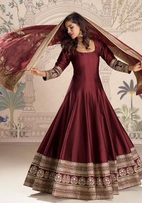 Maroon Embroidery Vichitra Gown With Dupatta