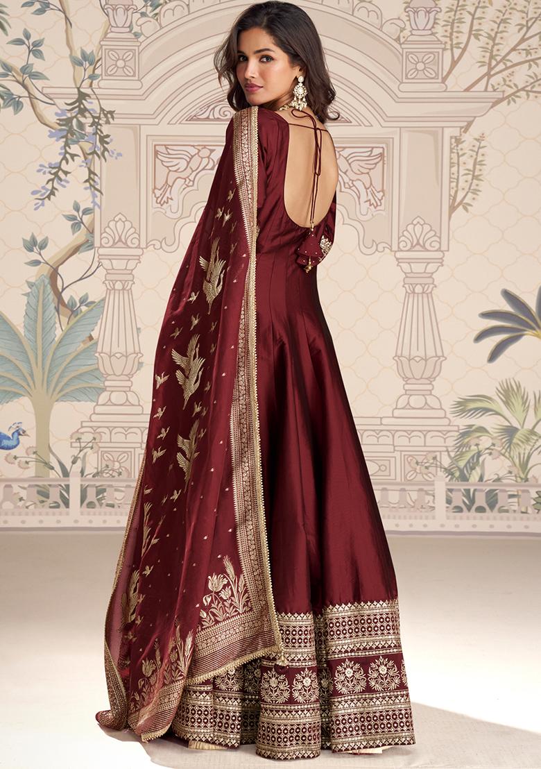 Maroon Embroidery Vichitra Gown With Dupatta - Indya