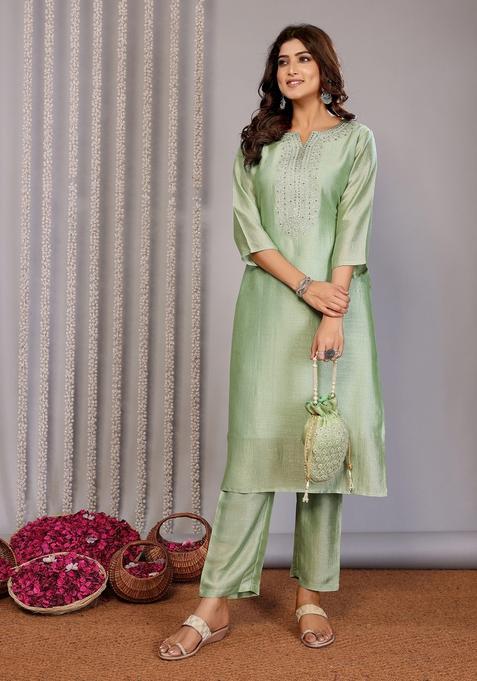 Pista Green Solid Chanderi Kurta set