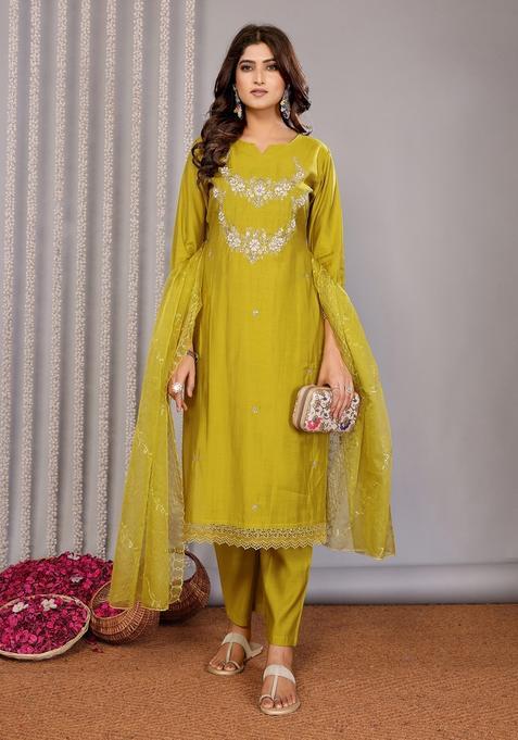 Olive Green Floral Print Roman Kurta set