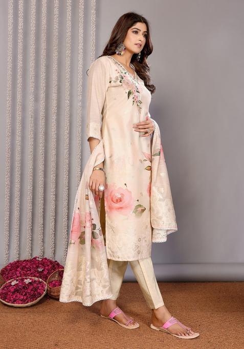 Cream Floral Print Chanderi Kurta set