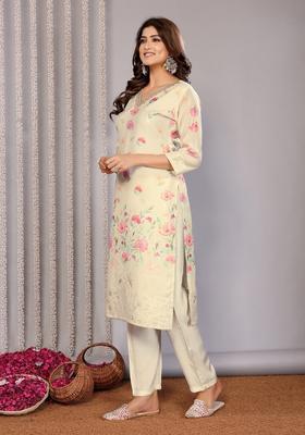 Off White Floral Print Chanderi Straight Kurta Set