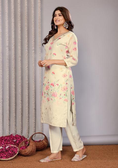 Off White Floral Print Chanderi Kurta set