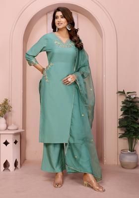Aqua Blue Solid Chinon Kurta set