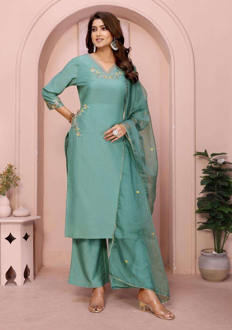 Aqua Blue Embroidered Chinon Straight Kurta Set - Indya