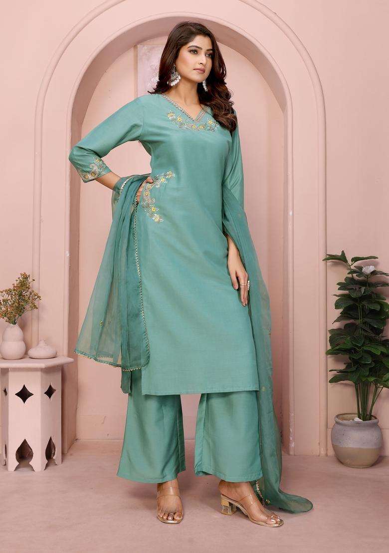 Aqua Blue Embroidered Chinon Straight Kurta Set - Indya