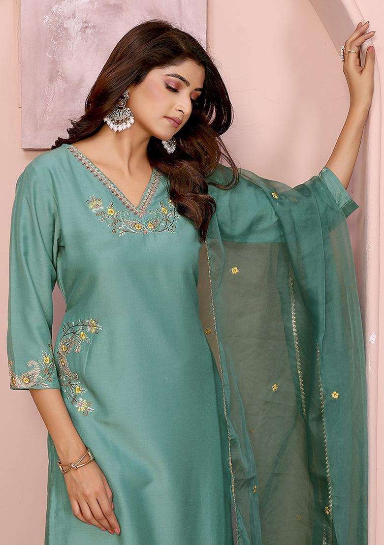 Aqua Blue Embroidered Chinon Straight Kurta Set - Indya