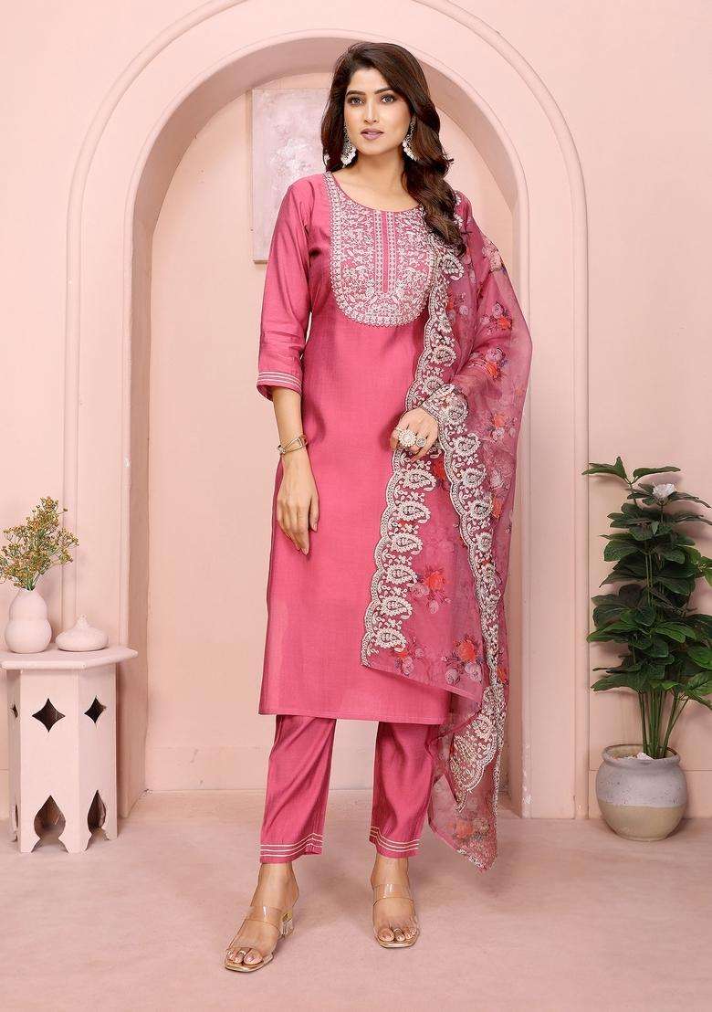 Rose Pink Embroidered Silk Blend Straight Kurta Set - Indya