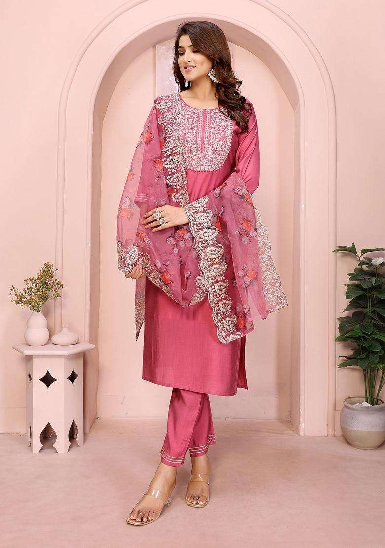 Rose Pink Embroidered Silk Blend Straight Kurta Set - Indya