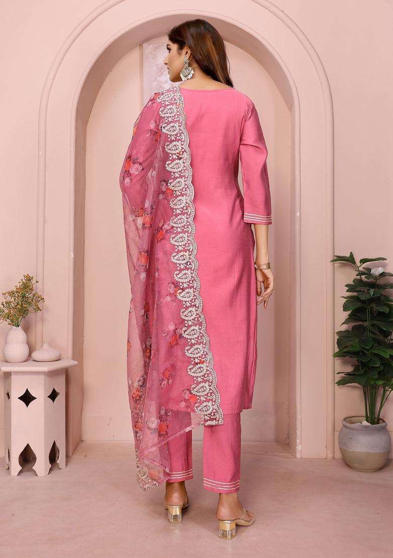 Rose Pink Embroidered Silk Blend Straight Kurta Set - Indya