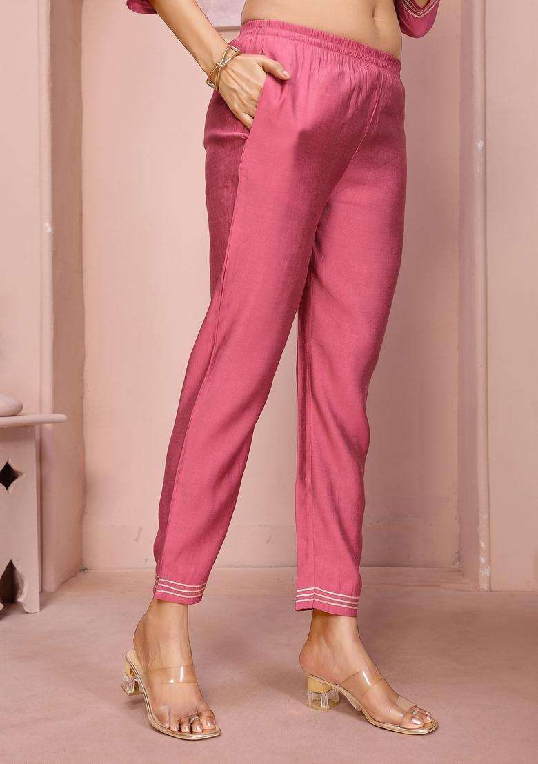 Rose Pink Embroidered Silk Blend Straight Kurta Set - Indya