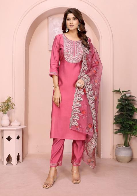Rose Pink Solid Roman Kurta set