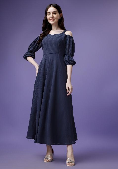 Blue Solid Polyster Gown
